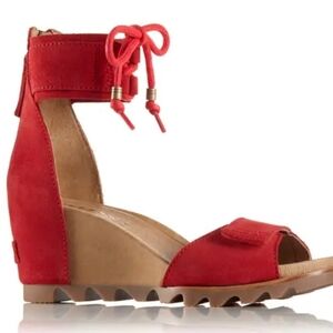 Sorel Joanie Ankle Lace Suede Wedge Sandals Red Women's Size 8.5